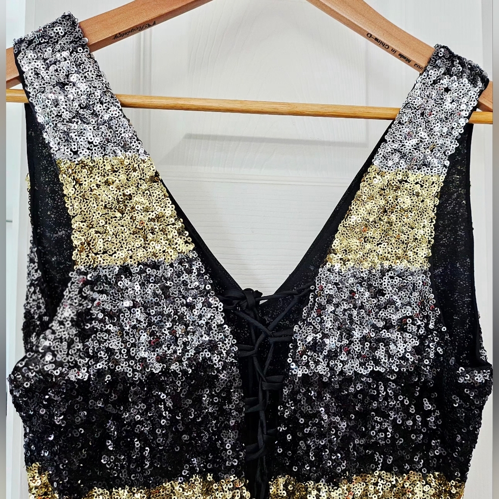 Black/Gold/Red/Silver Striped Sequin Mini Dress - Picture 4 of 5